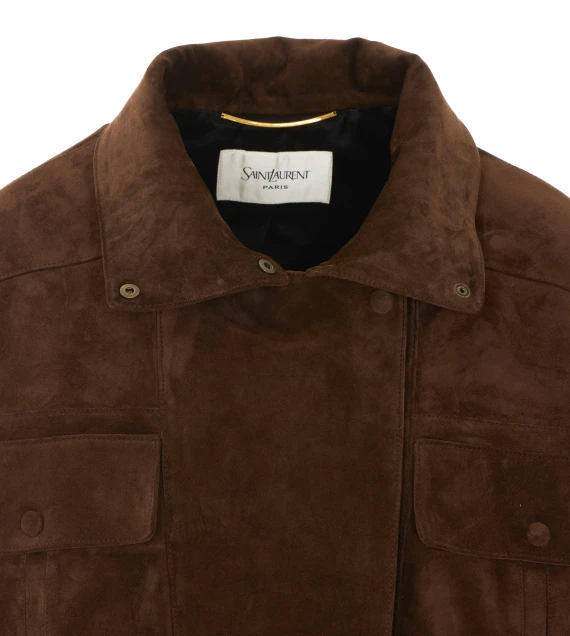 Brown Suede Bomber with Zip and Button Closure