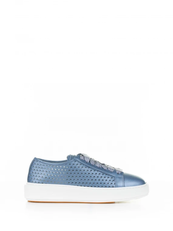 Sneaker azzurra in pelle traforata laminata - Taglia 40 - Santoni