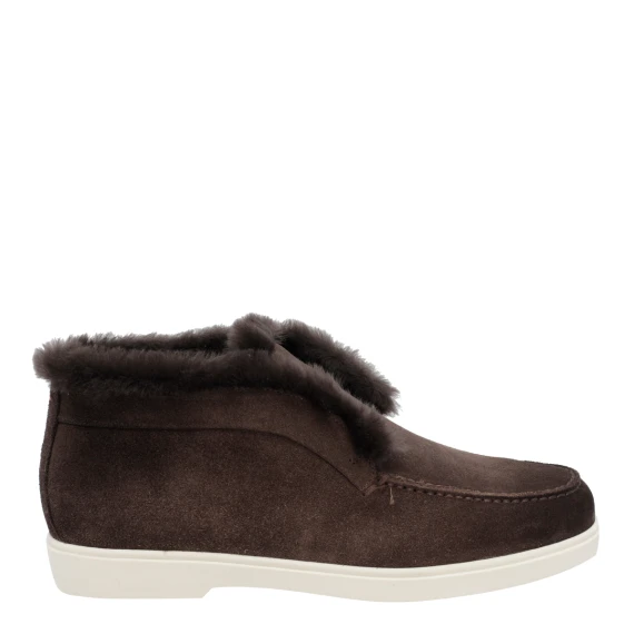 Polacchini in pelle scamosciata marrone scuro con bordo in pelliccia