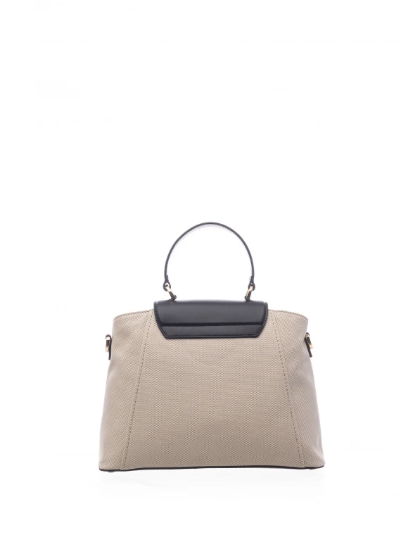 Handbag in leather and canvas with shoulder strap
