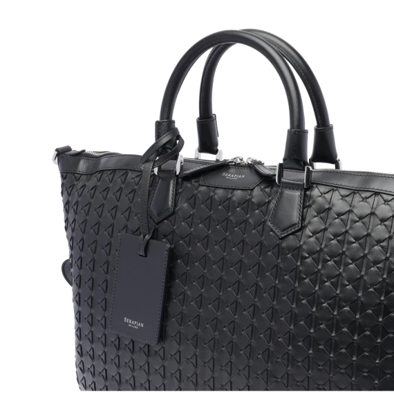 Borsa da lavoro Mosaico in pelle di vitello nera Serapian