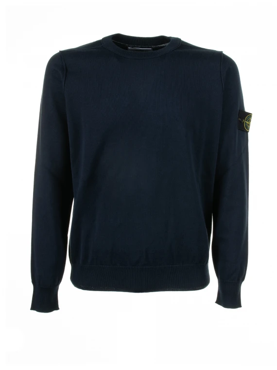 Navy blue crew-neck sweater with logo