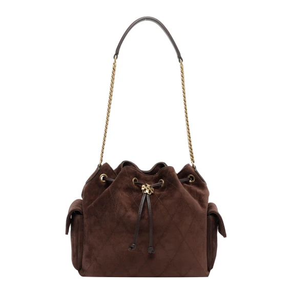 Borsa a secchiello Charlie in pelle di vitello scamosciata marrone Tory Burch