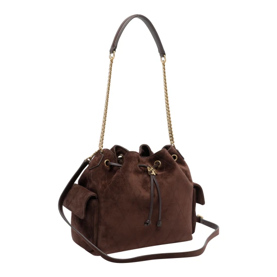 Borsa a secchiello Charlie in pelle di vitello scamosciata marrone Tory Burch