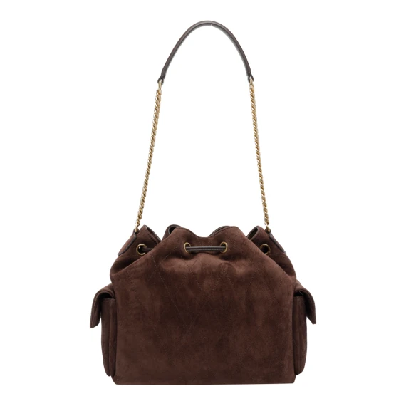 Borsa a secchiello Charlie in pelle di vitello scamosciata marrone Tory Burch