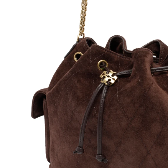 Borsa a secchiello Charlie in pelle di vitello scamosciata marrone Tory Burch