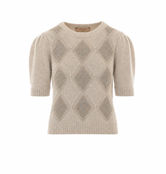 Maglione a maniche corte in beige con rombi Twin-set