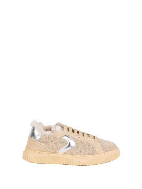 Sneakers basse beige chiaro in lana con dettagli argento