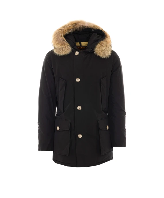 Parka nero con cappuccio in pelliccia Woolrich