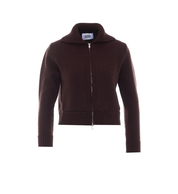 Cardigan in lana marrone con zip