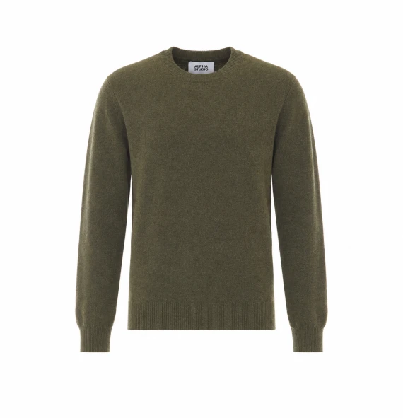 Maglia girocollo verde oliva scuro in lana