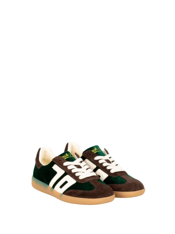 Dark green and beige low-top sneakers back 70