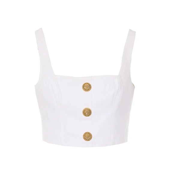 buttoned white denim brassiere top