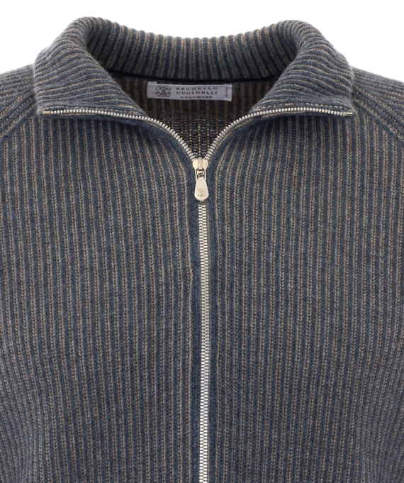 Cardigan grigio a coste con zip BRUNELLO CUCINELLI