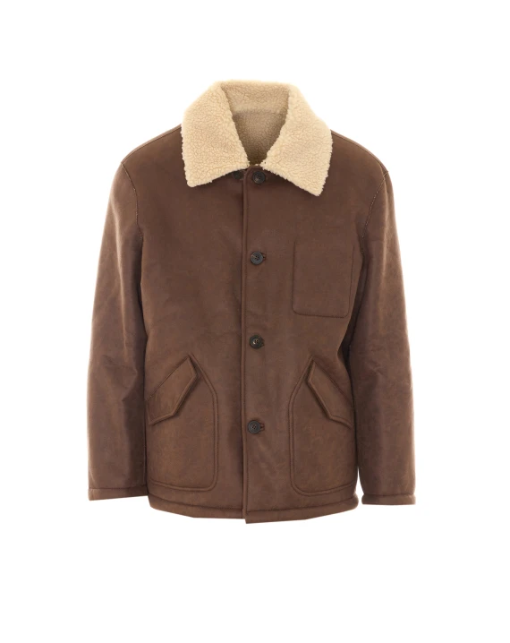 Giacca corta marrone con collo a revers in tessuto tipo peluche