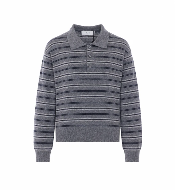 Grey striped knitted sweater with polo collar DUNST