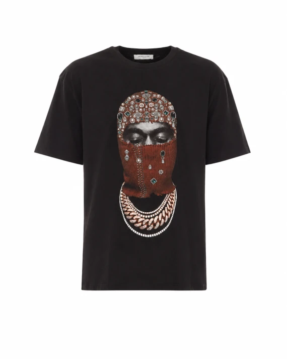 T-shirt nera con stampa volto mascherato