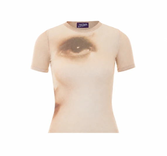 T-shirt beige con stampa volto