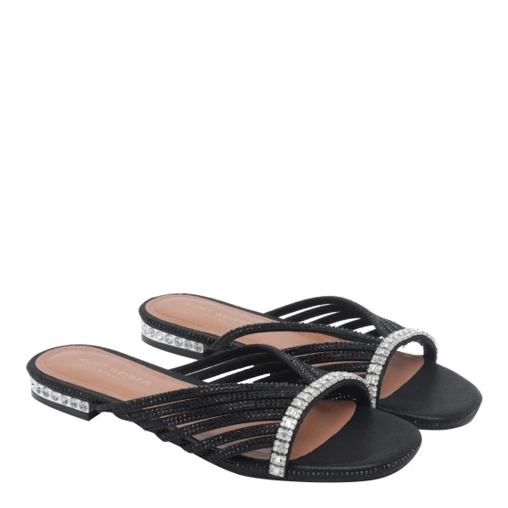 831 - Crystal Strap Flat Mule-Black Fabric-Occasion