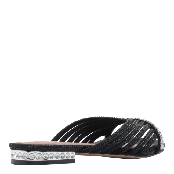 831 - Crystal Strap Flat Mule-Black Fabric-Occasion
