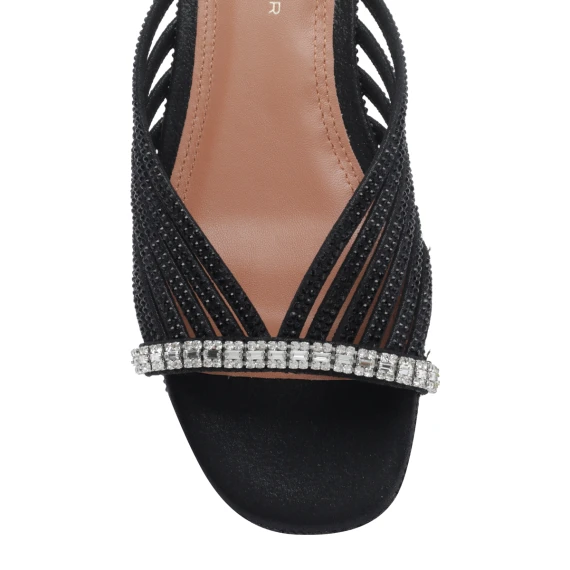 831 - Crystal Strap Flat Mule-Black Fabric-Occasion
