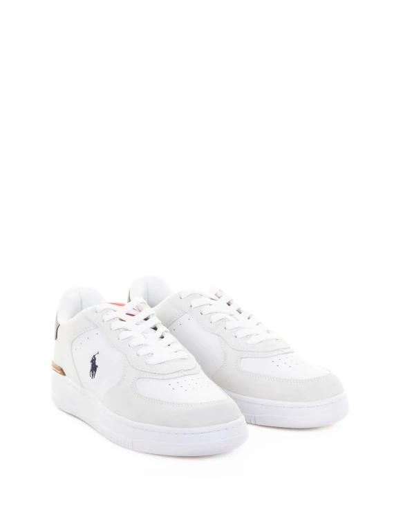 White leather sneaker with navy logo