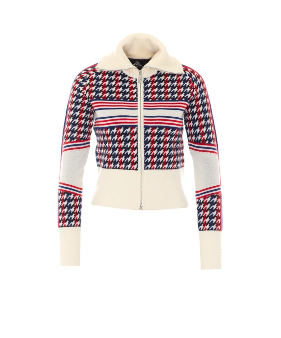 Maglione multicolore con cappuccio e zip frontale