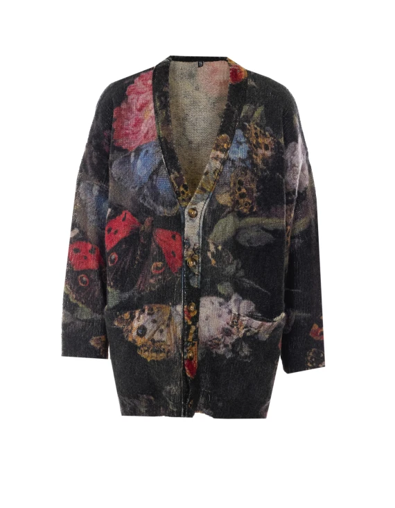 Black cashmere cardigan with multicolor motif R13