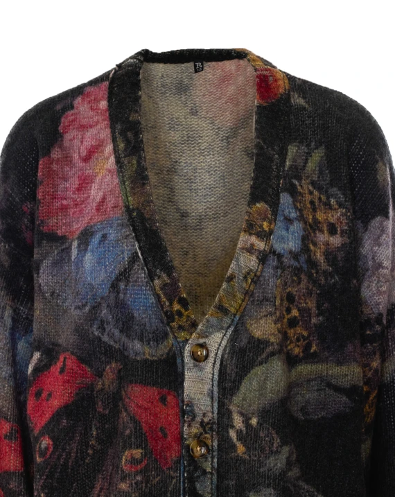 Black cashmere cardigan with multicolor motif R13