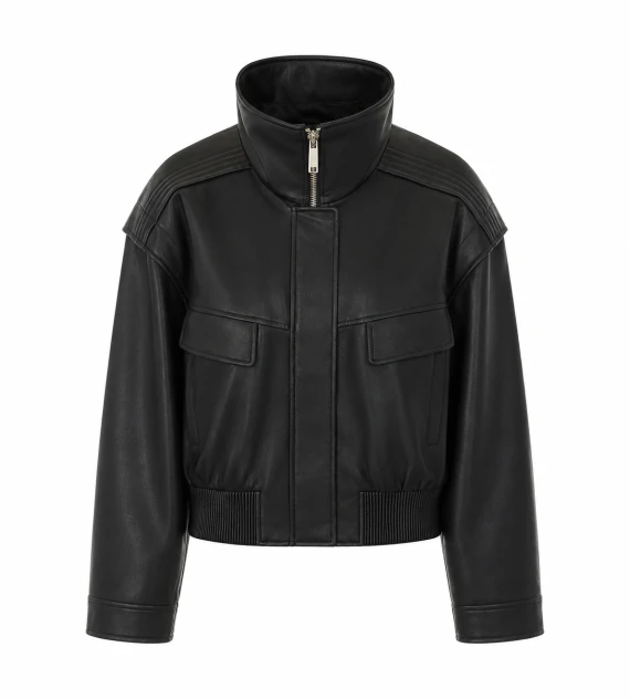 Black Faux Leather Bomber Jacket with Frontal Zip Closure