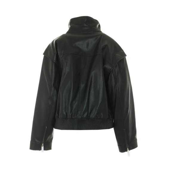 Black Faux Leather Bomber Jacket with Frontal Zip Closure