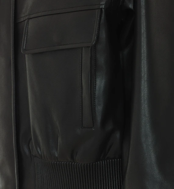 Black Faux Leather Bomber Jacket with Frontal Zip Closure