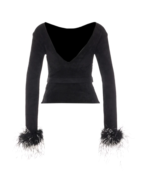 Black long-sleeve top with feather cuffs SELF PORTRAIT