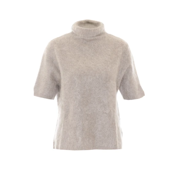 Top in cashmere grigio chiaro con collo a imbuto