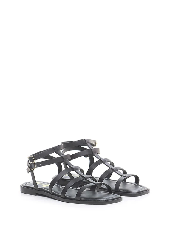 Black flat leather sandal