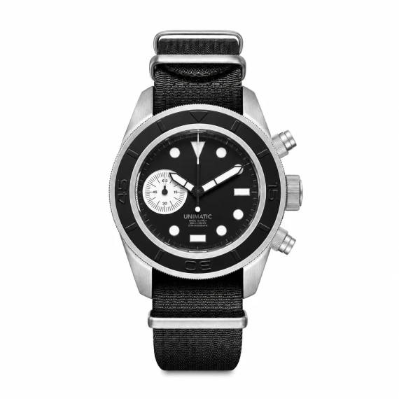 Orologio cronografo in acciaio nero e argento