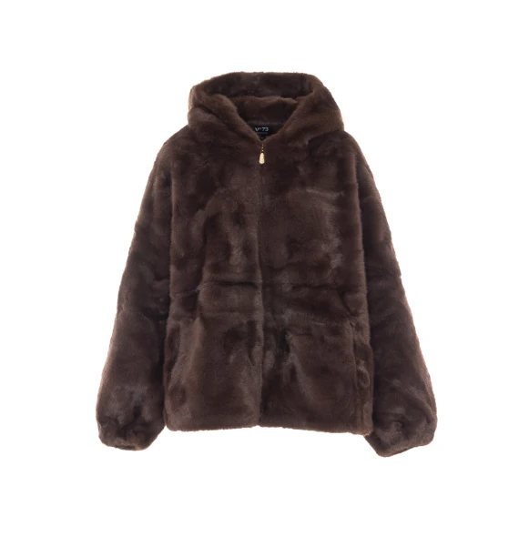 Giacca effetto pelliccia con cappuccio marrone scuro V°73