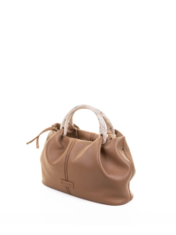 Double Handle Bag in Brown Leather Bone