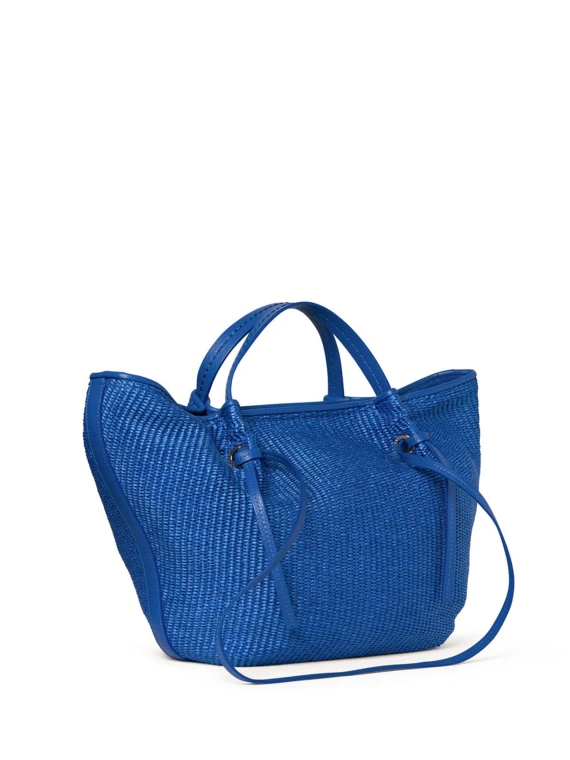 Shopping bag in leather and blue straw