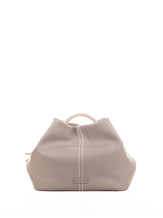 Borsa a mano greige in pelle con manico in osso