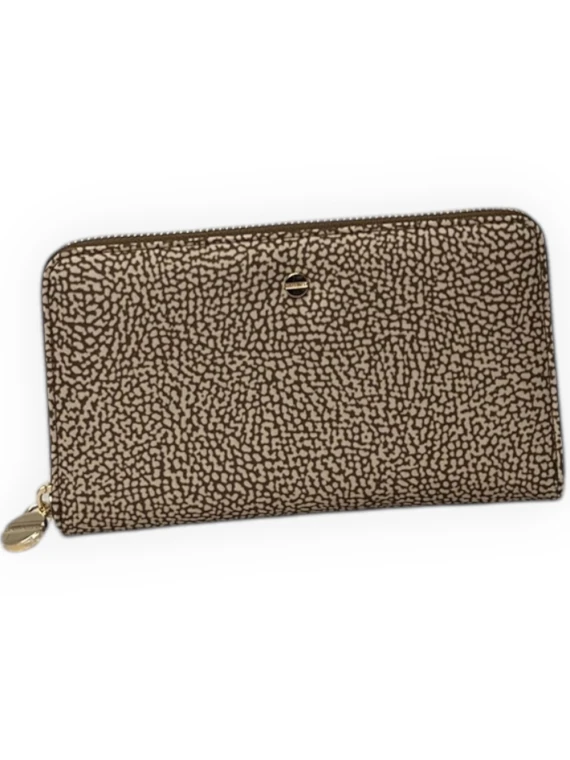 Portafoglio zip-around rettangolare marrone chiaro e beige scuro