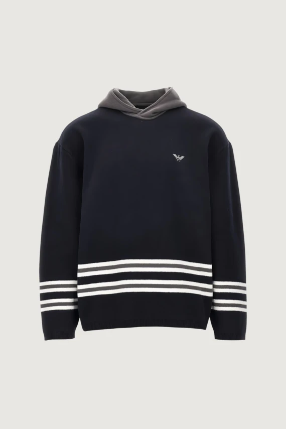 Pullover con cappuccio in lana vergine blu scuro