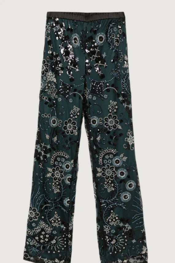Pantaloni verde scuro con motivo argento