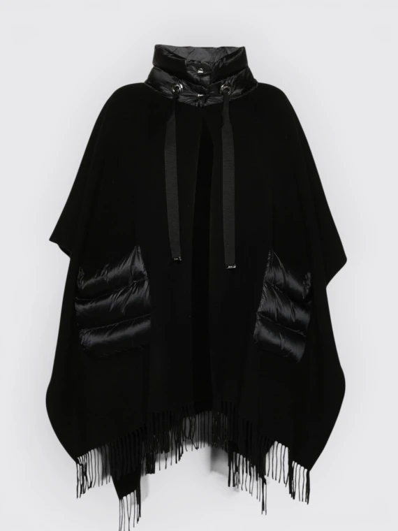 Poncho nero con cappuccio e frange