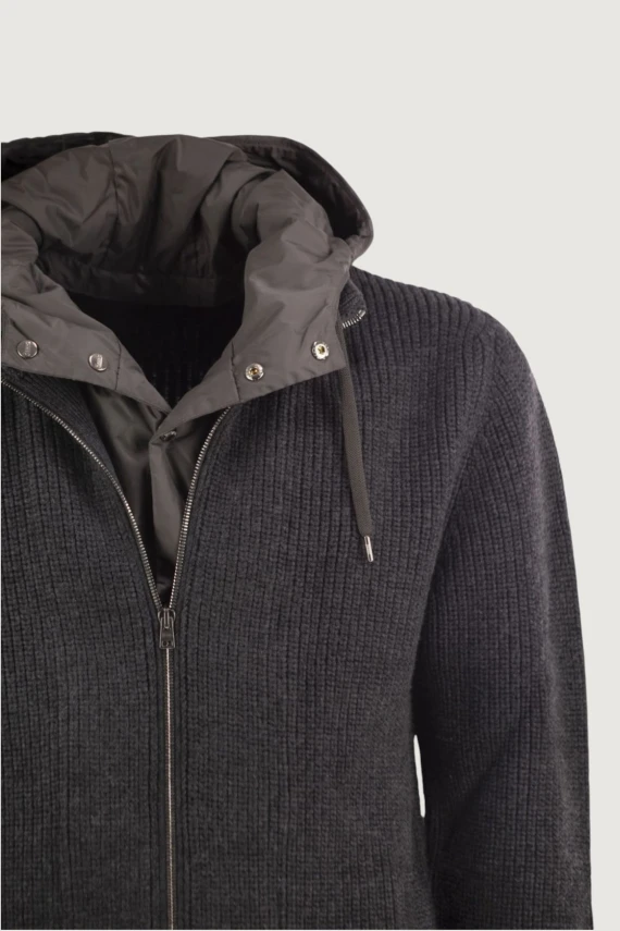 Virgin wool grey anthracite cardigan with hood HERNO