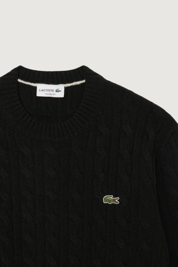 Maglione girocollo a trecce in lana cardata LACOSTE