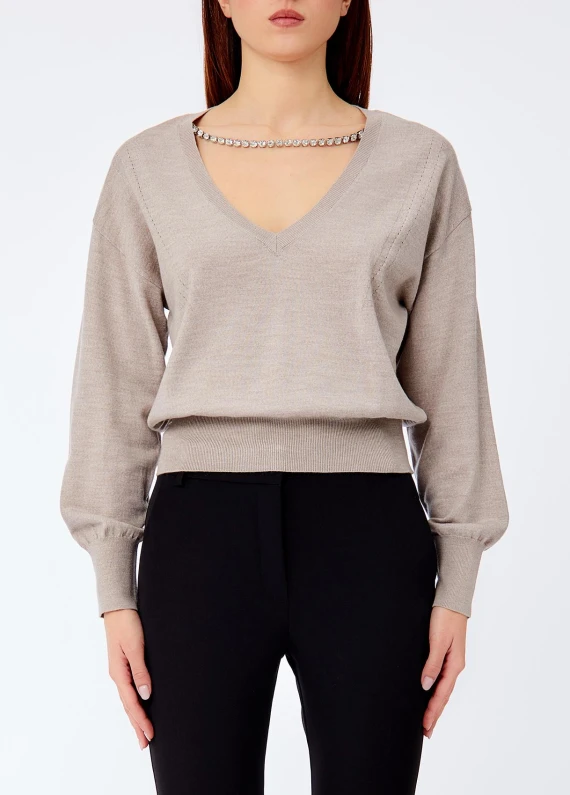 Maglia in lana tortora chiaro con strass