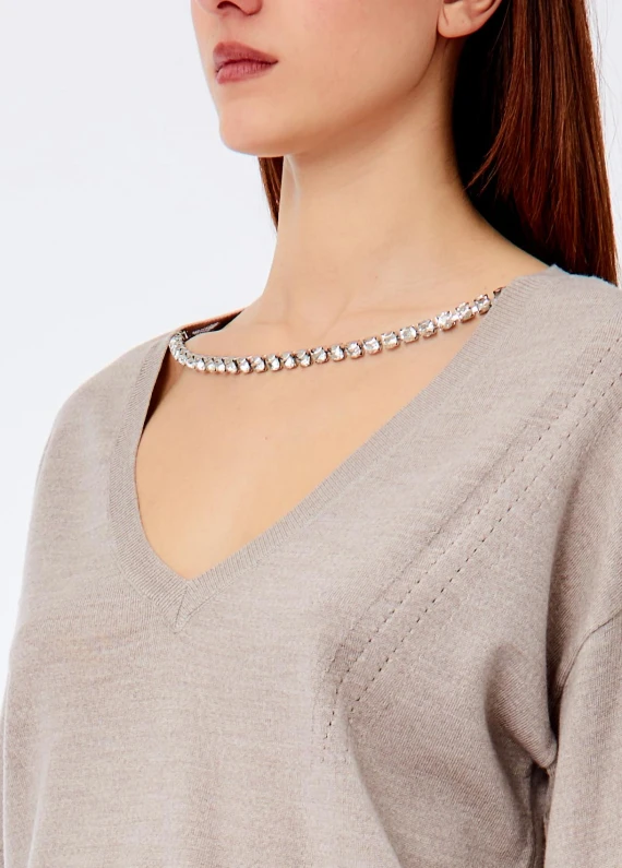 Light taupe wool sweater with rhinestones LIU JO COLLECTION