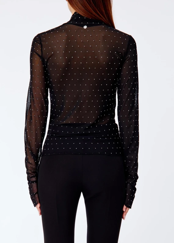 T-shirt nera a maniche lunghe con strass