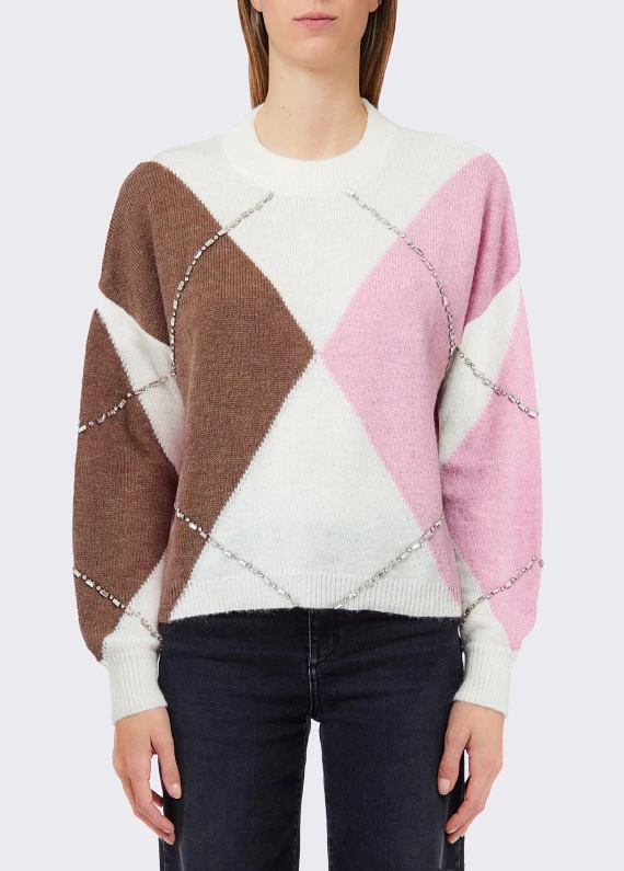 White and pink argyle sweater LIU JO JEANS FASHION